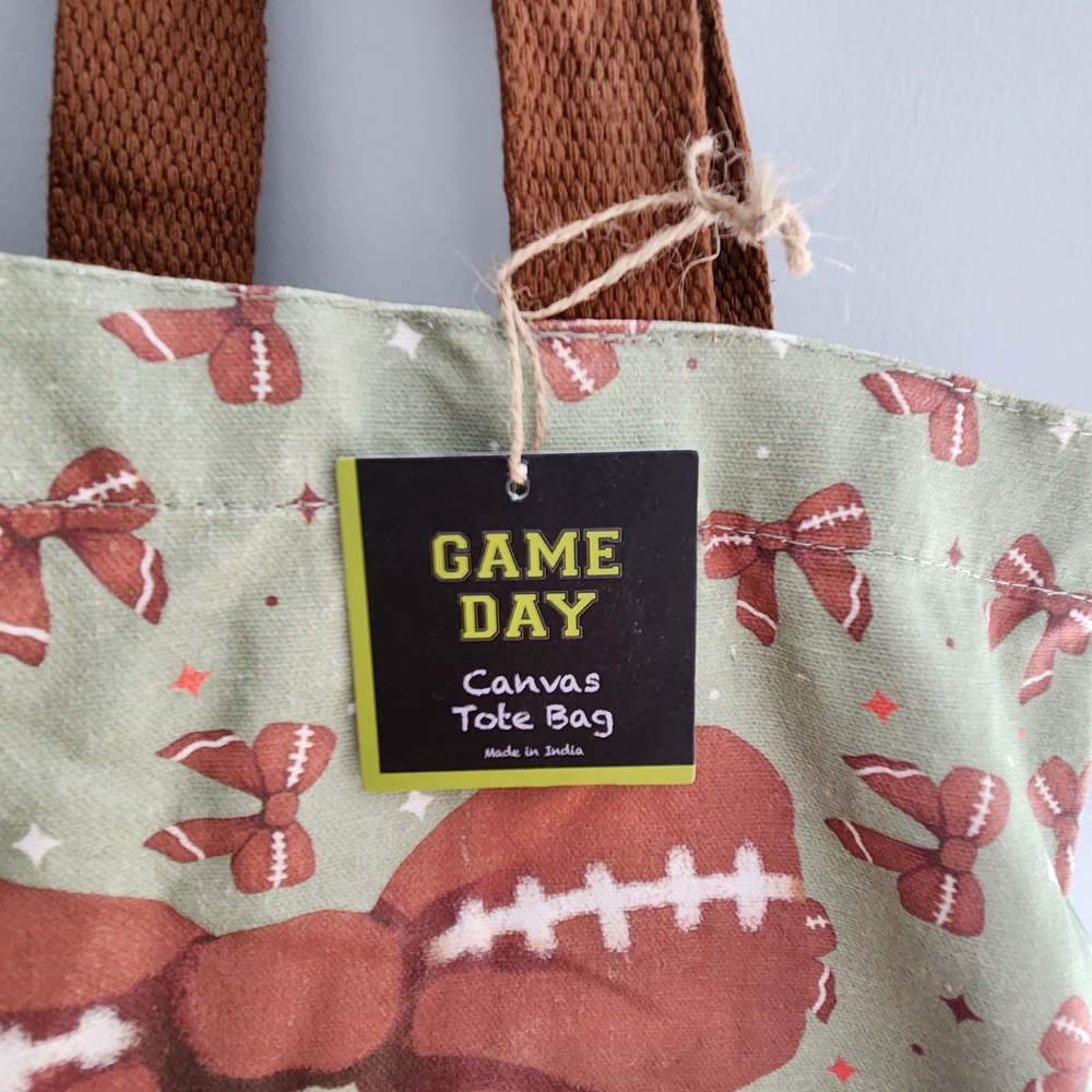 Game Day Football Bow Ribbon Light Canvas Tote Bag NWT - Picture 3 of 13